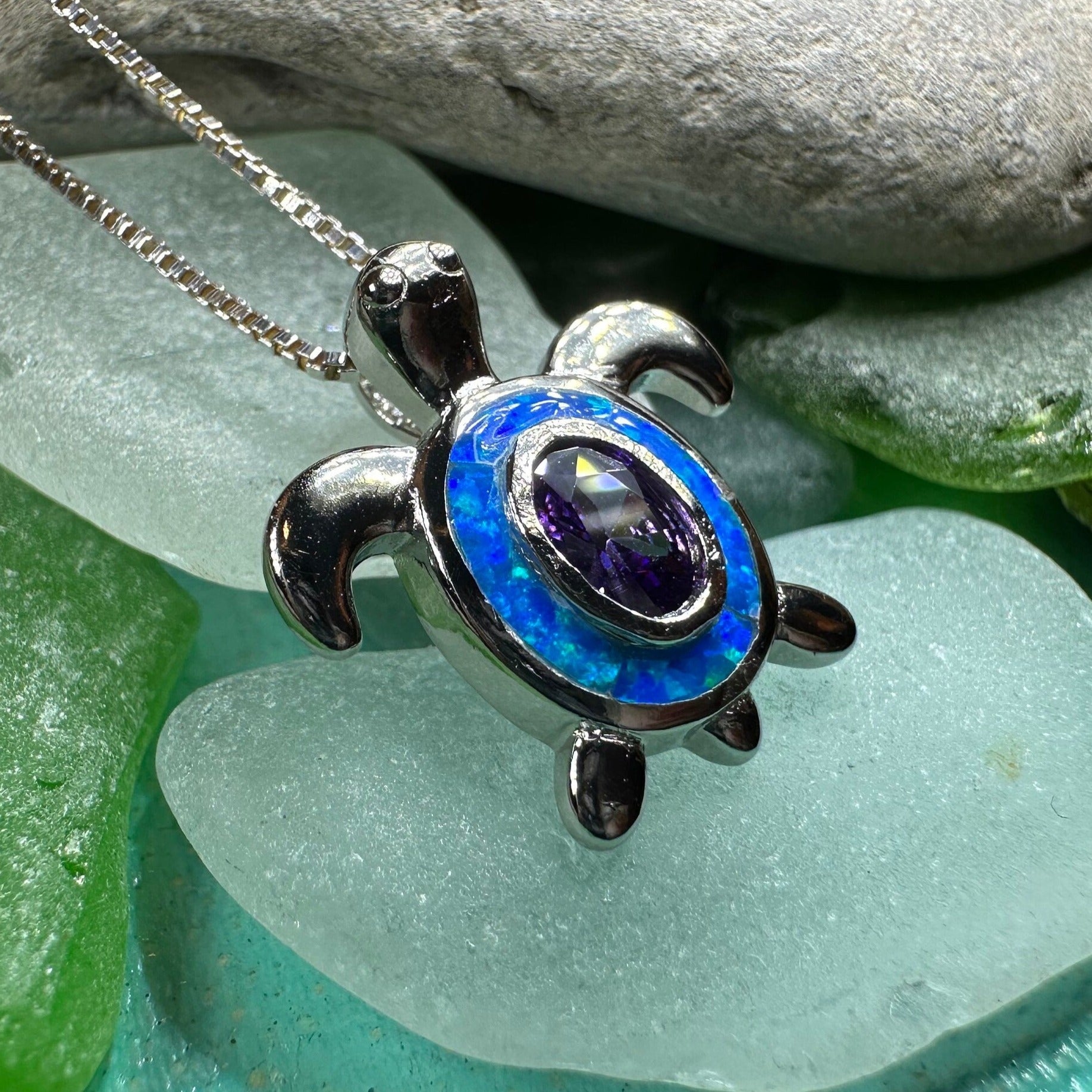 Turtle Necklace, Blue Opal Pendant, Beach Jewelry, Graduation Gift, Anniversary Gift, Sea Turtle Necklace, Mom Gift, Amethyst Jewelry