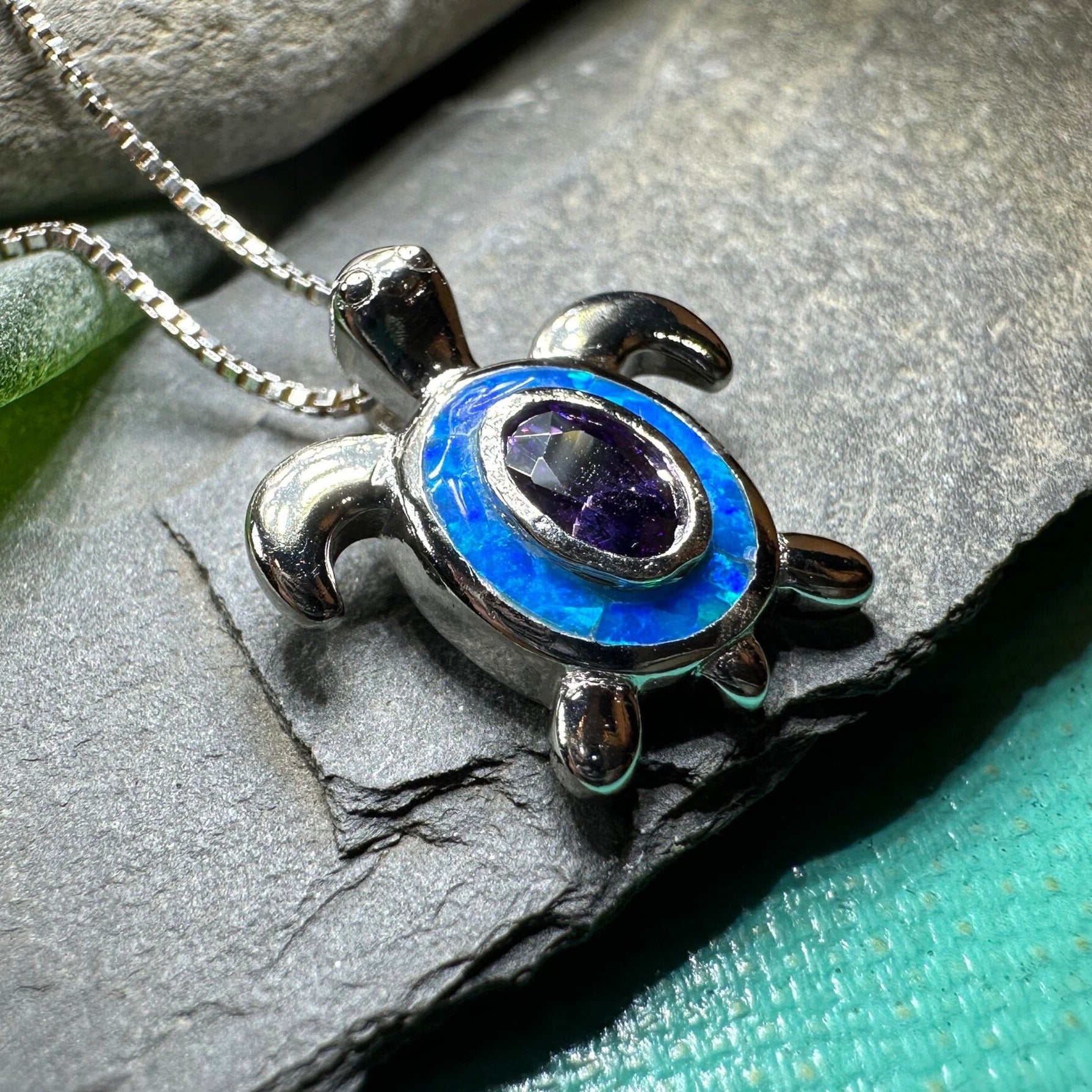 Turtle Necklace, Blue Opal Pendant, Beach Jewelry, Graduation Gift, Anniversary Gift, Sea Turtle Necklace, Mom Gift, Amethyst Jewelry