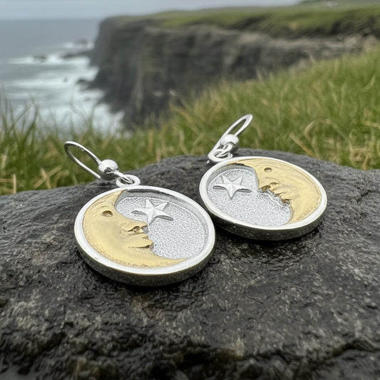 Moon Earrings, Celtic Jewelry, Celestial Jewelry, Crescent Moon Earrings, Full Moon Jewelry, Star Jewelry, Anniversary Gift, Gold Earrings