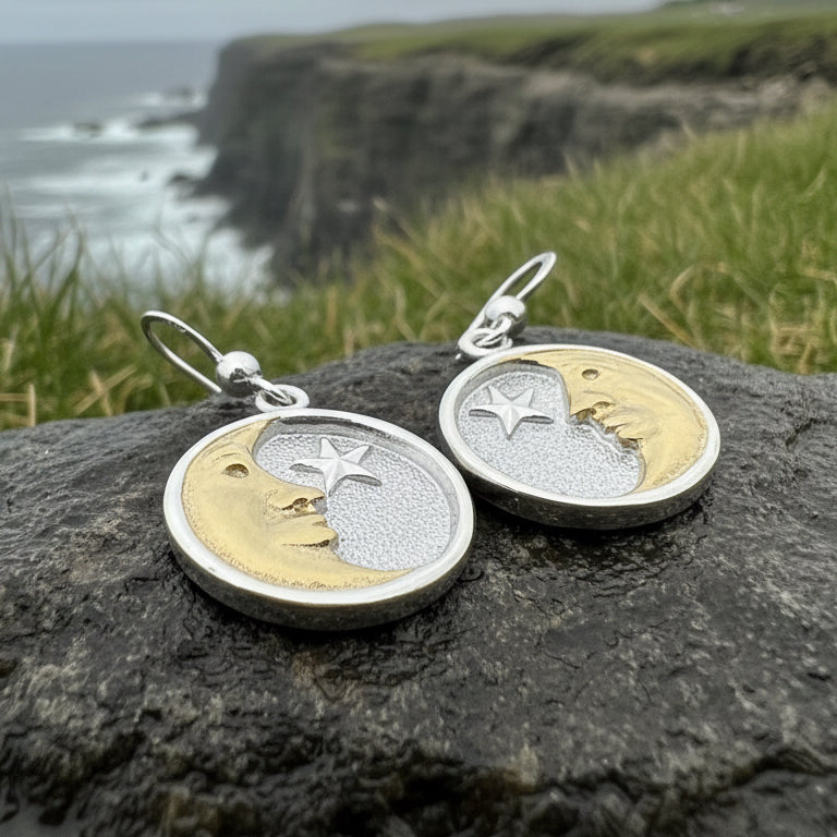 Moon Earrings, Celtic Jewelry, Celestial Jewelry, Crescent Moon Earrings, Full Moon Jewelry, Star Jewelry, Anniversary Gift, Gold Earrings