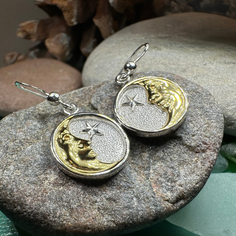 Moon Earrings, Celtic Jewelry, Celestial Jewelry, Crescent Moon Earrings, Full Moon Jewelry, Star Jewelry, Anniversary Gift, Gold Earrings