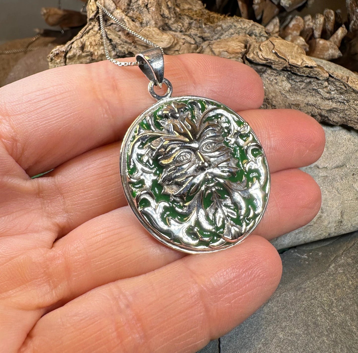 Black Forest Green Man Necklace in Sterling Silver — view 6