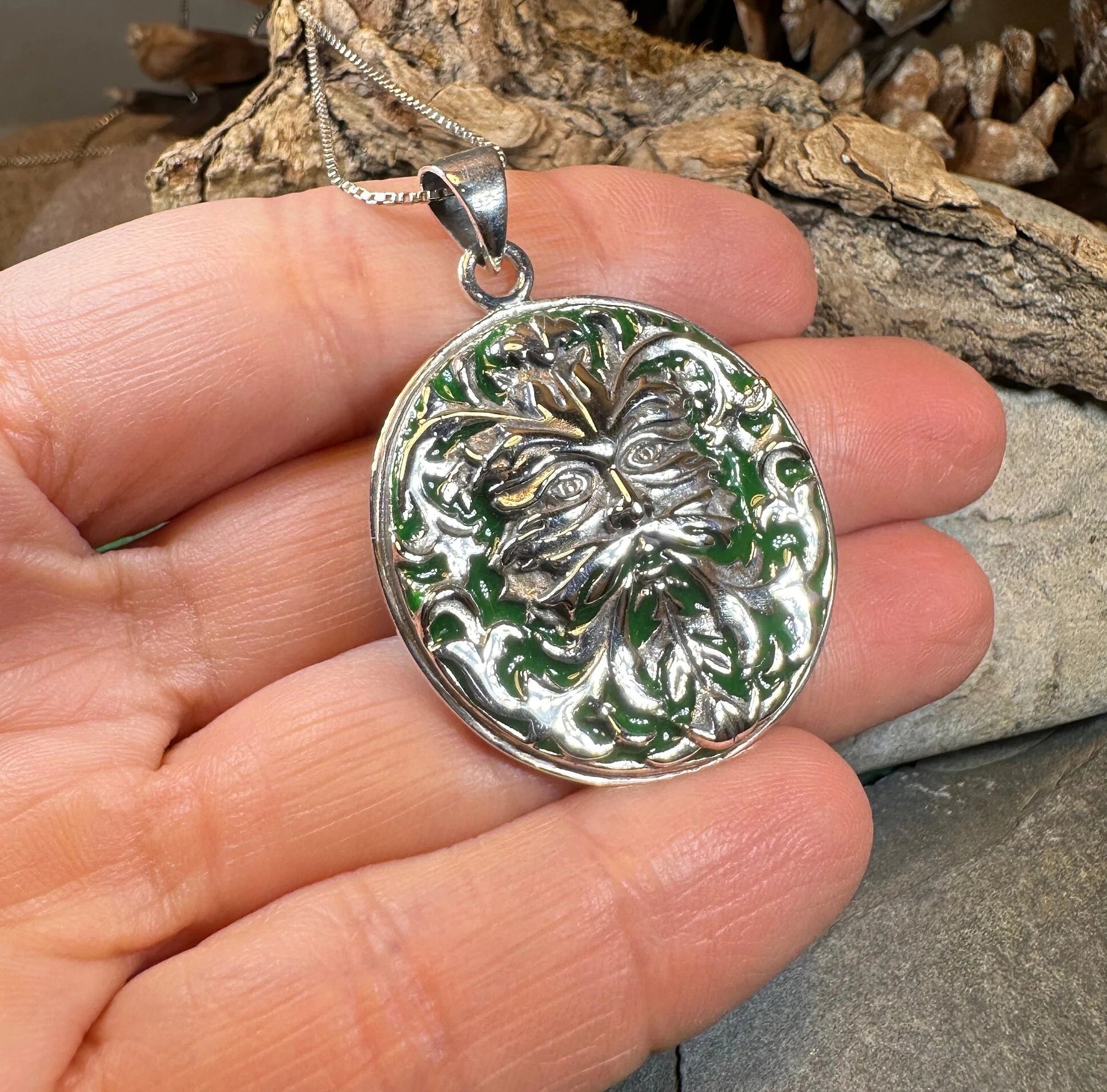 Black Forest Green Man Necklace in Sterling Silver — view 6