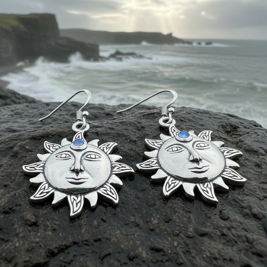 Sun Earrings, Celtic Jewelry, Moonstone Dangle Earrings, Celestial Jewelry, Wiccan Jewelry, Mom Gift, Sun Jewelry, Pagan Jewelry, Beach