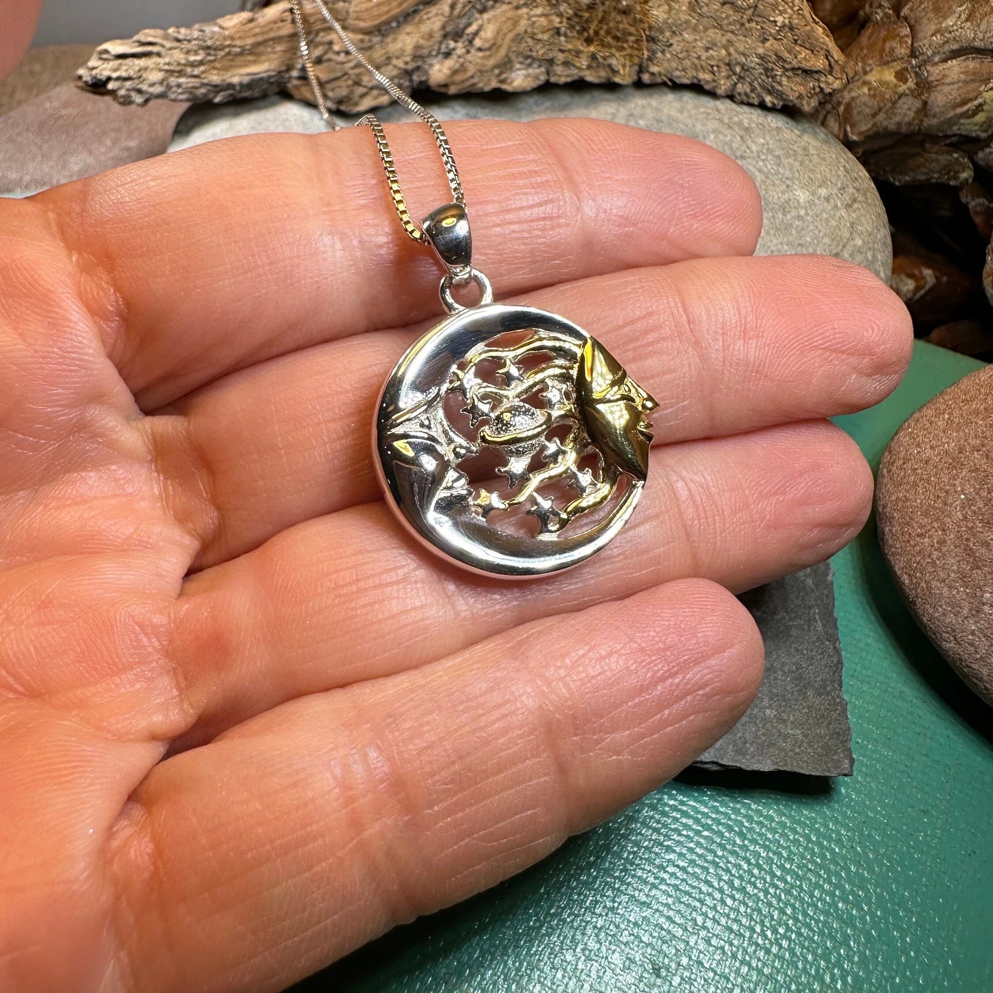 Golden Universe Sun & Moon Necklace in Sterling Silver