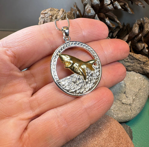 Load image into Gallery viewer, Great White Shark Necklace, Men's Beach Jewelry, Ocean Pendant, Surfer Gift, Fish Jewelry, Gold Jewelry, Large Silver Pendant, Nautical Gift

