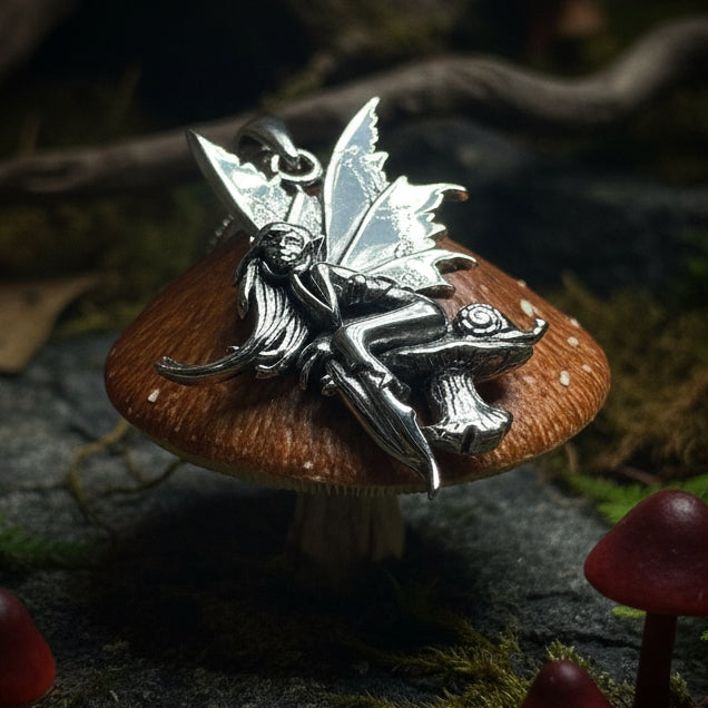 Fairy Necklace, Celtic Jewelry, Mushroom Pendant, Anniversary Gift, Irish Jewelry, Pixie Jewelry, Wife Gift, Fantasy Gift, Silver Butterfly