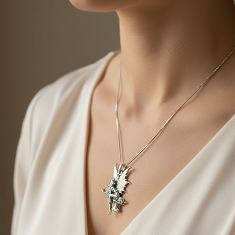 Load image into Gallery viewer, Fairy Necklace, Celtic Jewelry, Mushroom Pendant, Anniversary Gift, Irish Jewelry, Pixie Jewelry, Wife Gift, Fantasy Gift, Silver Butterfly
