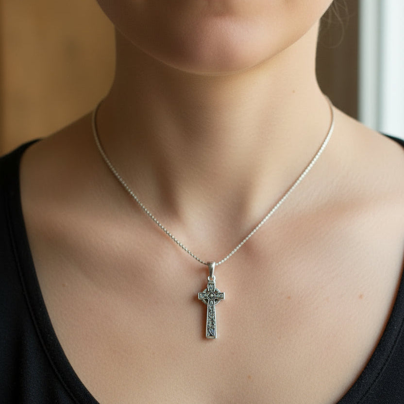 Celtic Cross Necklace, Irish Jewelry, Harp Pendant, Ireland Cross Pendant, Shamrock Jewelry, First Communion Gift, Girls Confirmation Gift