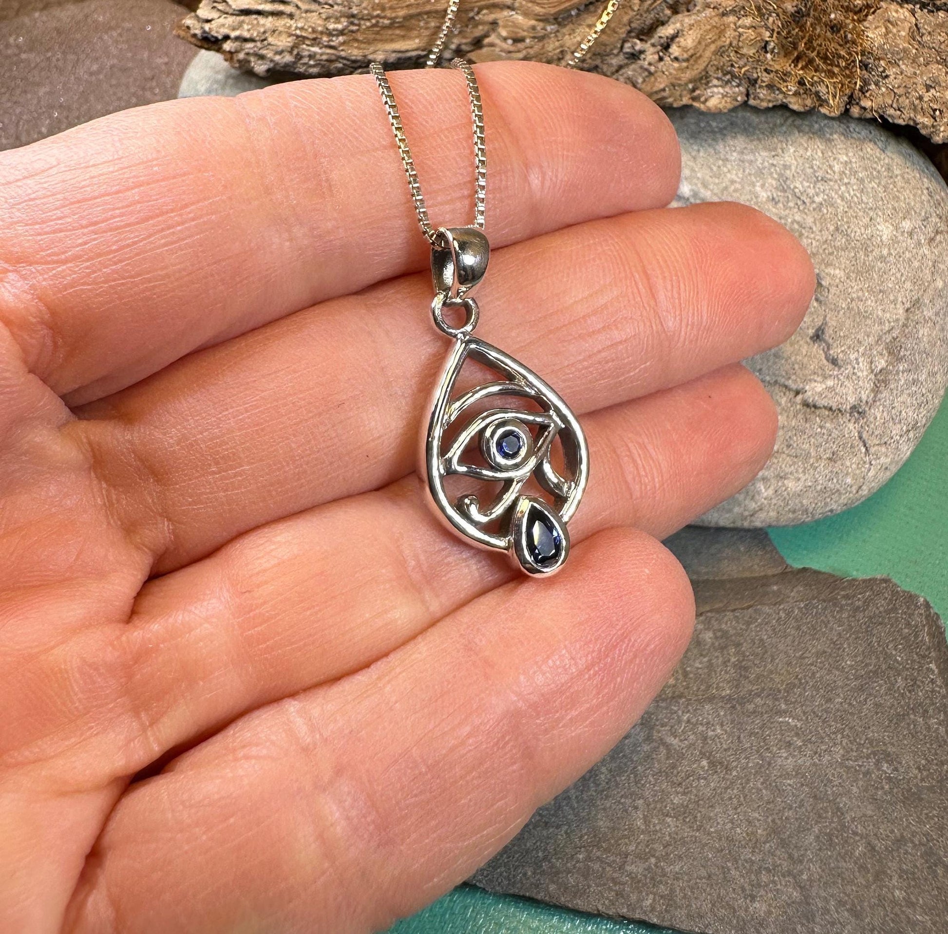 Eye of Horus Necklace, Egyptian Eye Pendant, Mystical Amulet, Egyptian Symbol, Sapphire Jewelry, Cancer Survivor Gift, Recovery Gift
