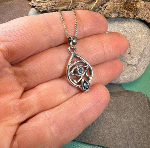 Load image into Gallery viewer, Eye of Horus Necklace, Egyptian Eye Pendant, Mystical Amulet, Egyptian Symbol, Sapphire Jewelry, Cancer Survivor Gift, Recovery Gift
