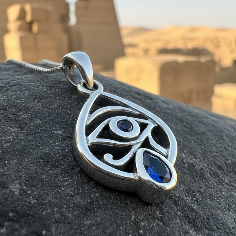 Eye of Horus Necklace, Egyptian Eye Pendant, Mystical Amulet, Egyptian Symbol, Sapphire Jewelry, Cancer Survivor Gift, Recovery Gift