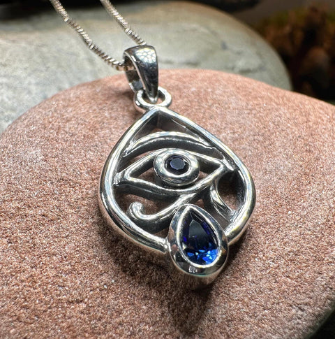 Load image into Gallery viewer, Eye of Horus Necklace, Egyptian Eye Pendant, Mystical Amulet, Egyptian Symbol, Sapphire Jewelry, Cancer Survivor Gift, Recovery Gift
