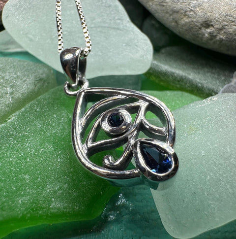 Load image into Gallery viewer, Eye of Horus Necklace, Egyptian Eye Pendant, Mystical Amulet, Egyptian Symbol, Sapphire Jewelry, Cancer Survivor Gift, Recovery Gift
