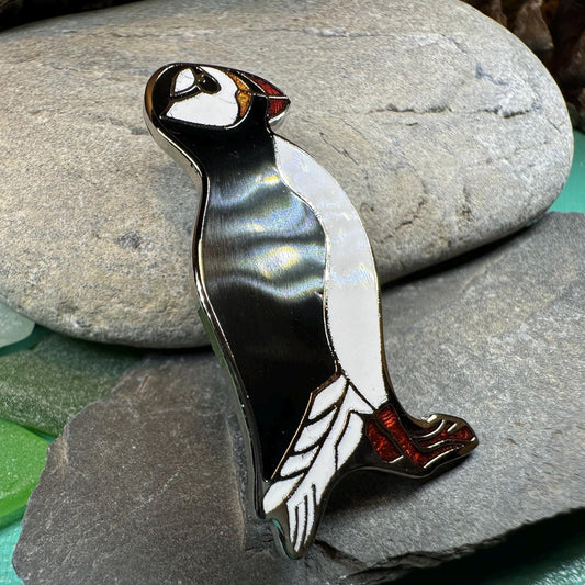 Puffin Brooch, Celtic Pin, Scotland Jewelry, Enamel Pin, Celtic Jewelry, Seabird Pewter Pin, Celtic Bird Jewelry, Nature Jewelry, Wife Gift