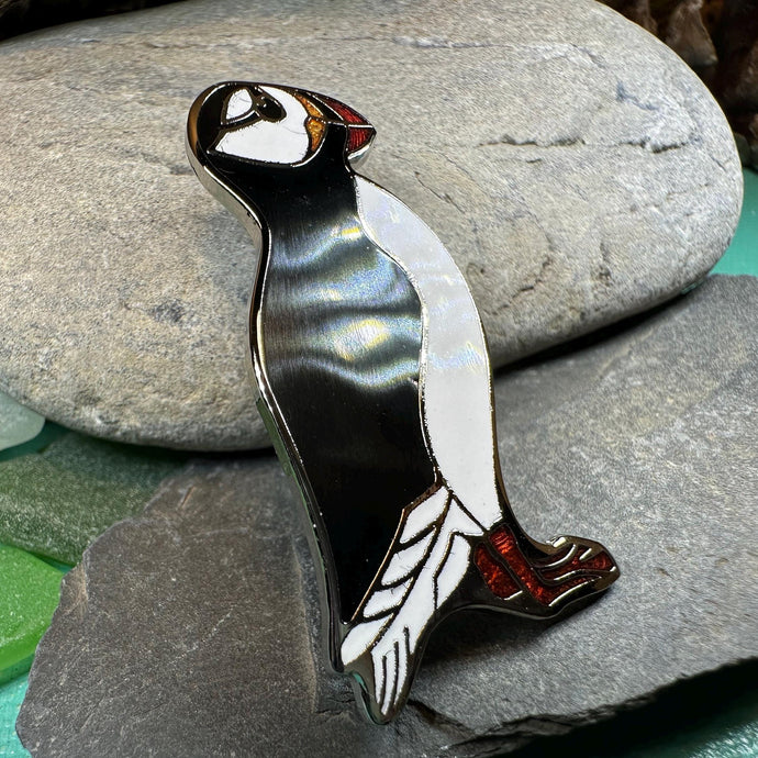 Puffin Brooch, Celtic Pin, Scotland Jewelry, Enamel Pin, Celtic Jewelry, Seabird Pewter Pin, Celtic Bird Jewelry, Nature Jewelry, Wife Gift