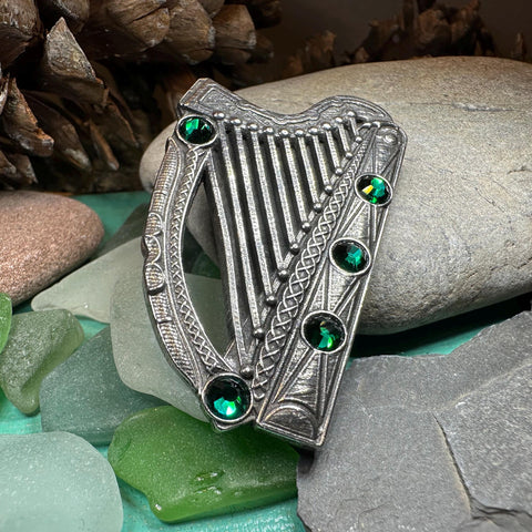 Load image into Gallery viewer, Celtic Harp Brooch, Celtic Pin, Irish Harp Jewelry, Irish Dance, Celtic Harp, Irish Gift, Mom Gift, Saint Patrick's Day, Green Ireland Pin
