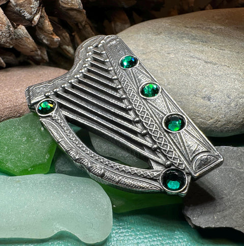 Load image into Gallery viewer, Celtic Harp Brooch, Celtic Pin, Irish Harp Jewelry, Irish Dance, Celtic Harp, Irish Gift, Mom Gift, Saint Patrick's Day, Green Ireland Pin
