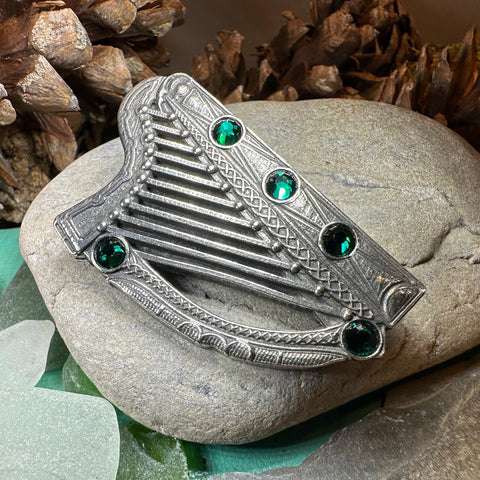 Load image into Gallery viewer, Celtic Harp Brooch, Celtic Pin, Irish Harp Jewelry, Irish Dance, Celtic Harp, Irish Gift, Mom Gift, Saint Patrick's Day, Green Ireland Pin
