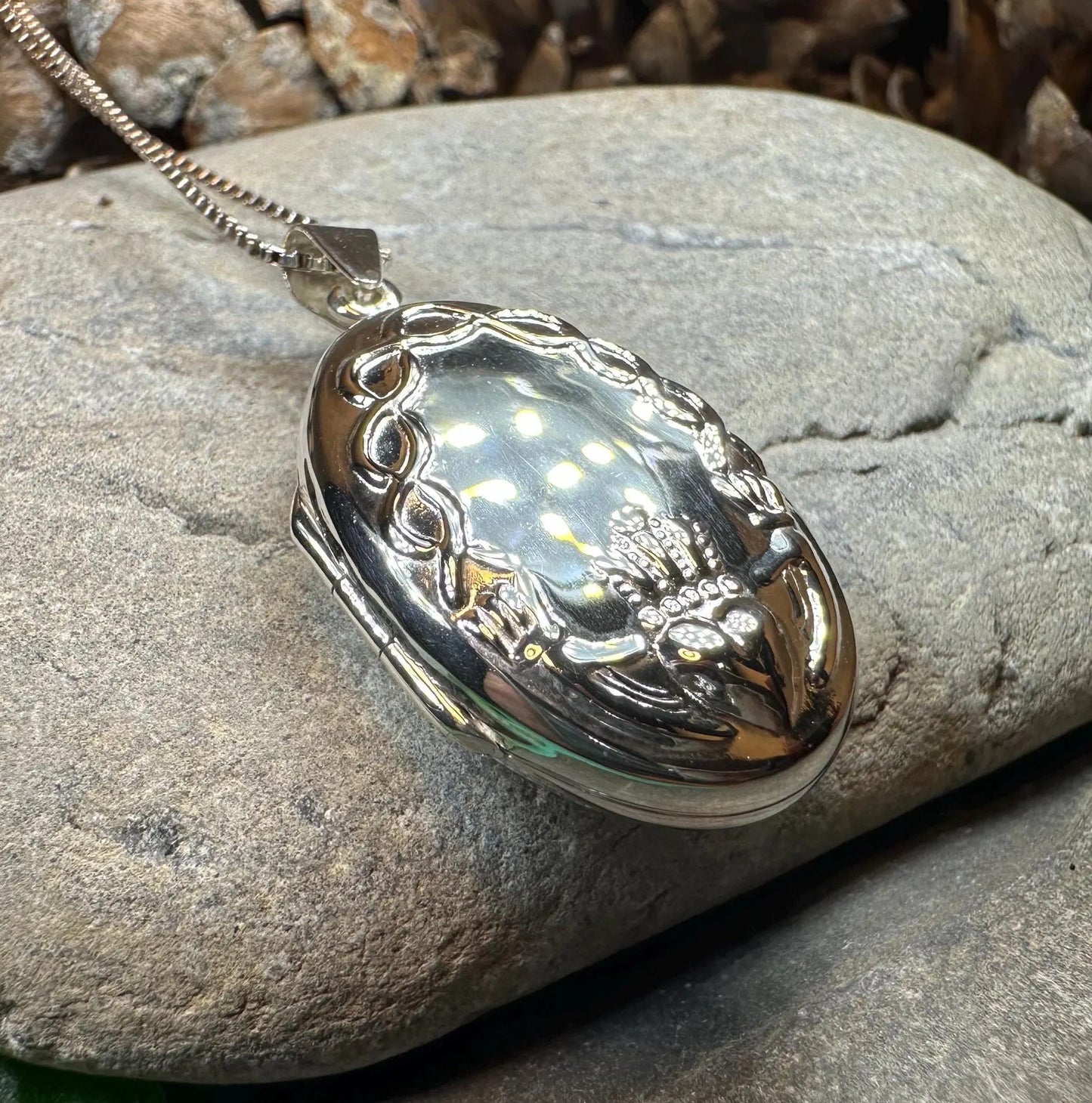 Oval Claddagh Locket Necklace in Sterling Silver — view 9