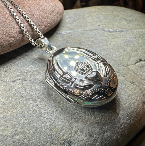 Load image into Gallery viewer, Irish Claddagh Locket Necklace in Sterling Silver
