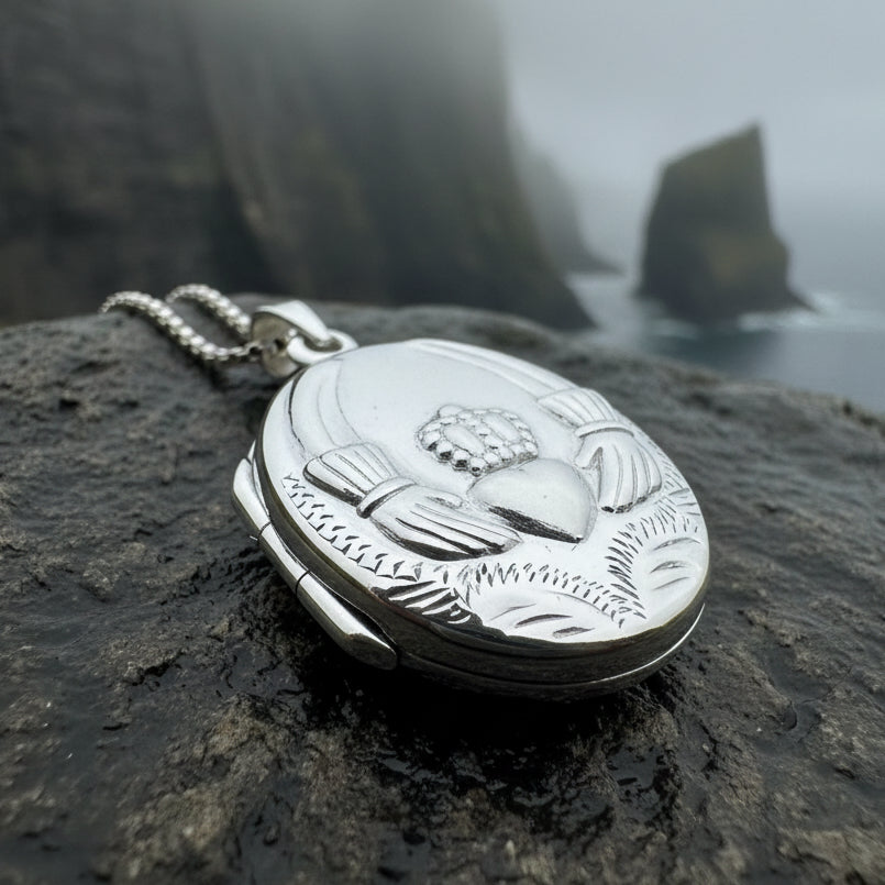 Irish Claddagh Locket Necklace in Sterling Silver