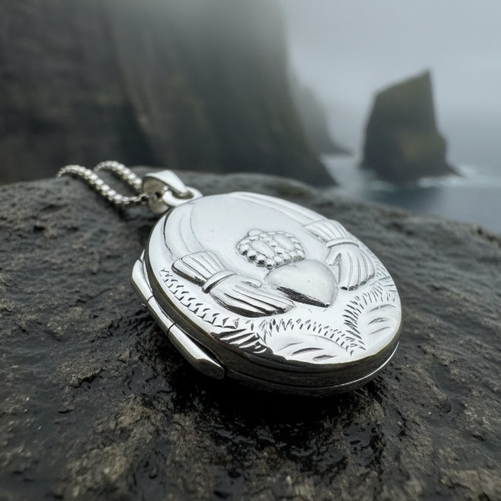 Irish Claddagh Locket Necklace in Sterling Silver