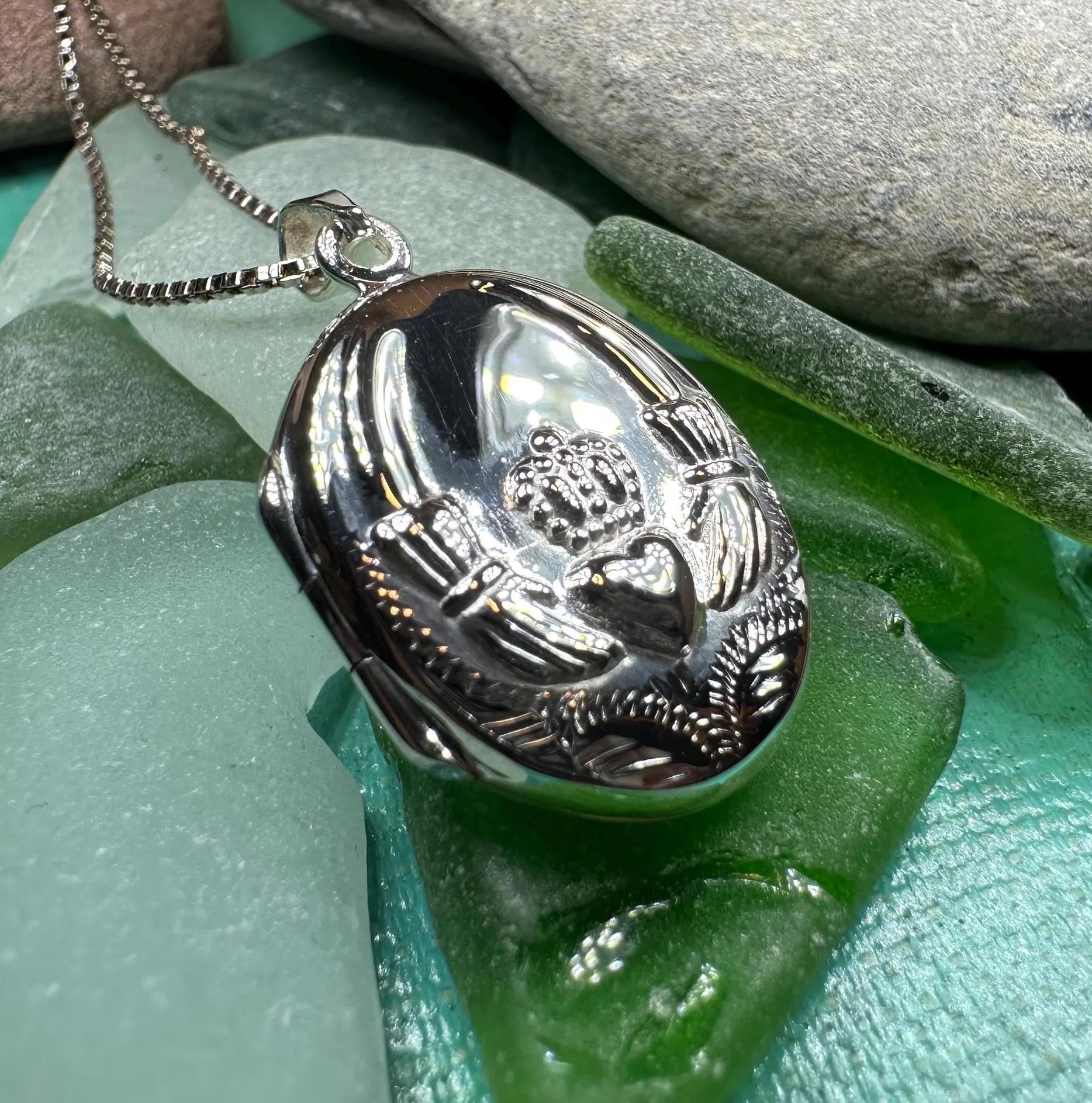 Irish Claddagh Locket Necklace in Sterling Silver — view 7