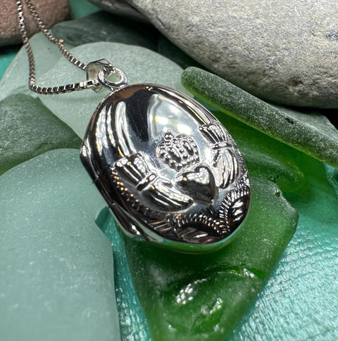 Load image into Gallery viewer, Irish Claddagh Locket Necklace in Sterling Silver
