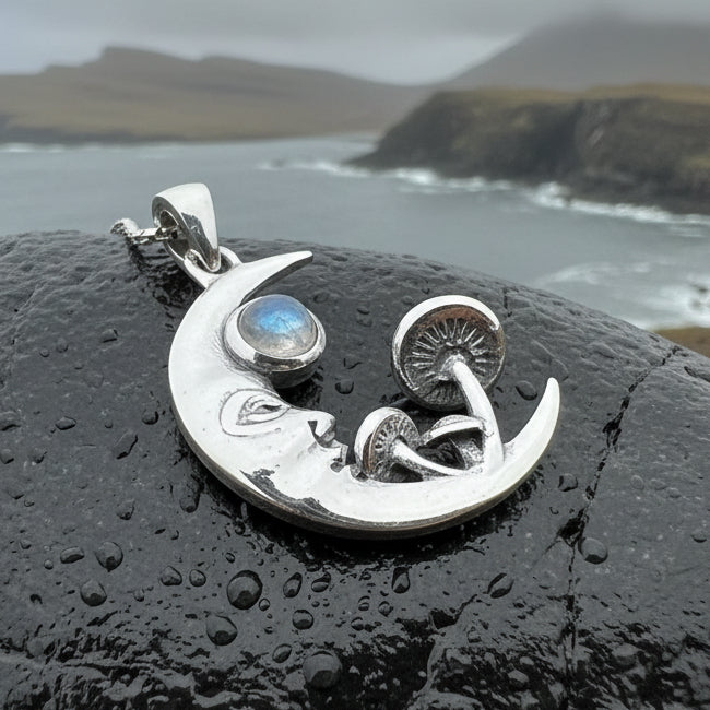 Moon Necklace, Mushroom Necklace, Celestial Pendant, Mystical Jewelry, Pagan Jewelry, Gothic Pendant, Forest Pendant, Halloween Gift