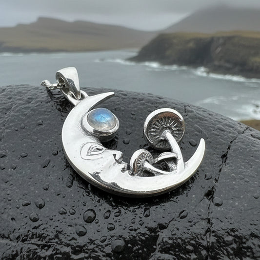 Moon Necklace, Mushroom Necklace, Celestial Pendant, Mystical Jewelry, Pagan Jewelry, Gothic Pendant, Forest Pendant, Halloween Gift