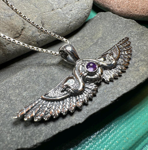 Load image into Gallery viewer, Winged Sun Necklace, Egyptian Pendant, Mystical Amulet, Egyptian Symbol, Pagan Jewelry, Goddess Jewelry, Recovery Gift, Silver Isis Pendant
