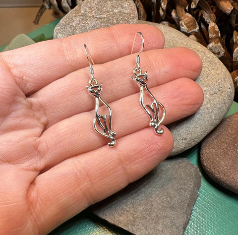 Load image into Gallery viewer, Celtic Cat Earrings, Cat Lover Gift, Celtic Jewelry, Irish Jewelry, Cat Lady Gift, Cat Mom Gift, Animal Jewelry, Mom Gift, Long Drop Earring
