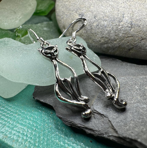 Load image into Gallery viewer, Celtic Cat Earrings, Cat Lover Gift, Celtic Jewelry, Irish Jewelry, Cat Lady Gift, Cat Mom Gift, Animal Jewelry, Mom Gift, Long Drop Earring
