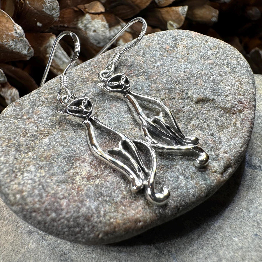 Celtic Cat Earrings, Cat Lover Gift, Celtic Jewelry, Irish Jewelry, Cat Lady Gift, Cat Mom Gift, Animal Jewelry, Mom Gift, Long Drop Earring