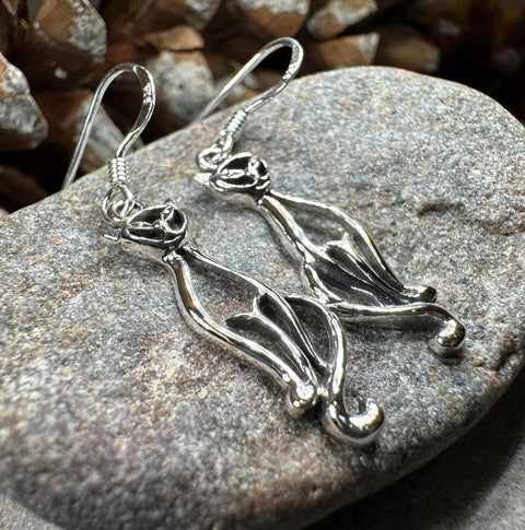Load image into Gallery viewer, Celtic Cat Earrings, Cat Lover Gift, Celtic Jewelry, Irish Jewelry, Cat Lady Gift, Cat Mom Gift, Animal Jewelry, Mom Gift, Long Drop Earring
