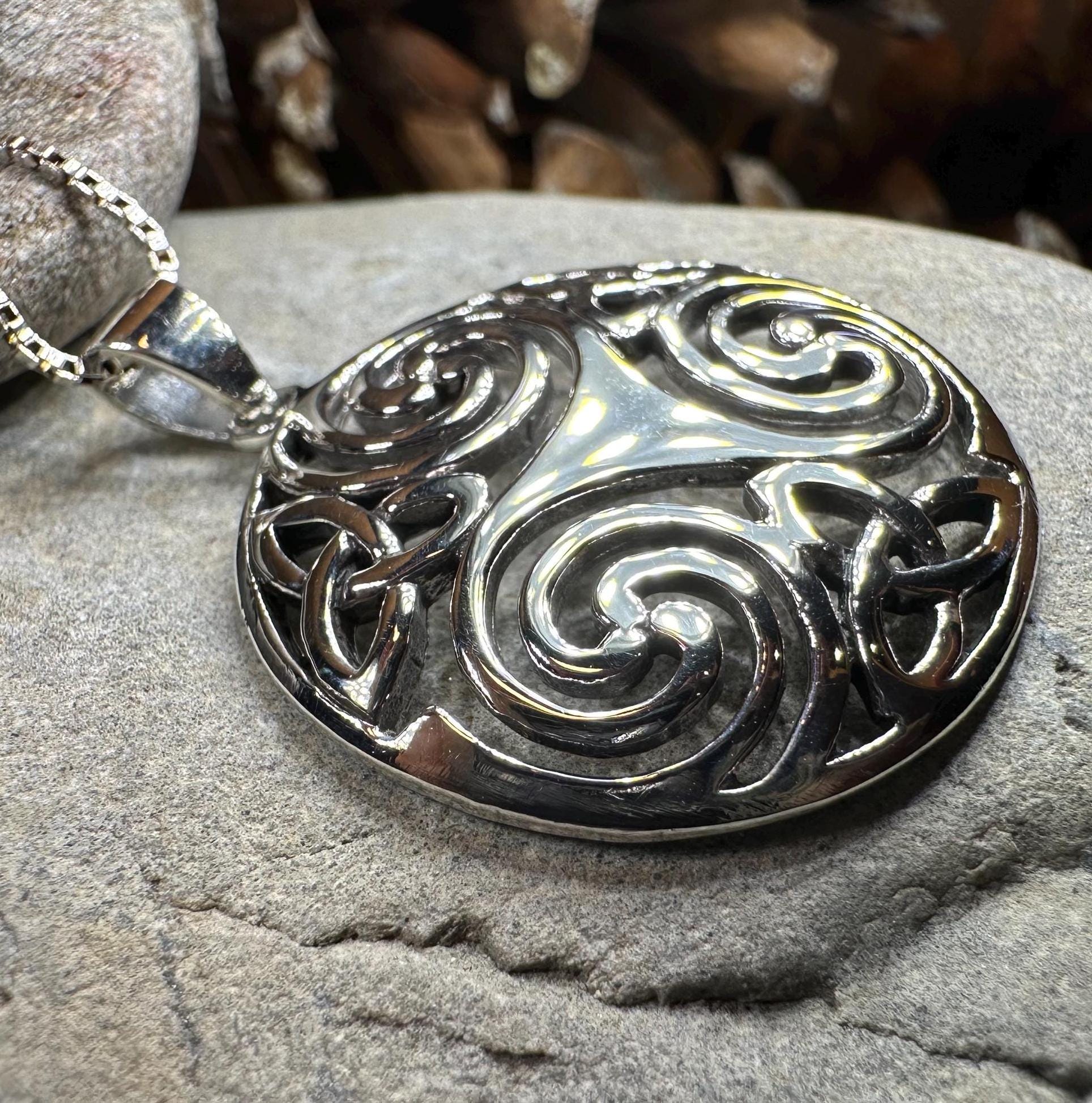 Celtic Spiral Necklace, Celtic Pendant, Irish Jewelry, Triple Spiral Pendant, Girlfriend Gift, Druid Necklace, Wiccan Jewelry, Triskel Gift