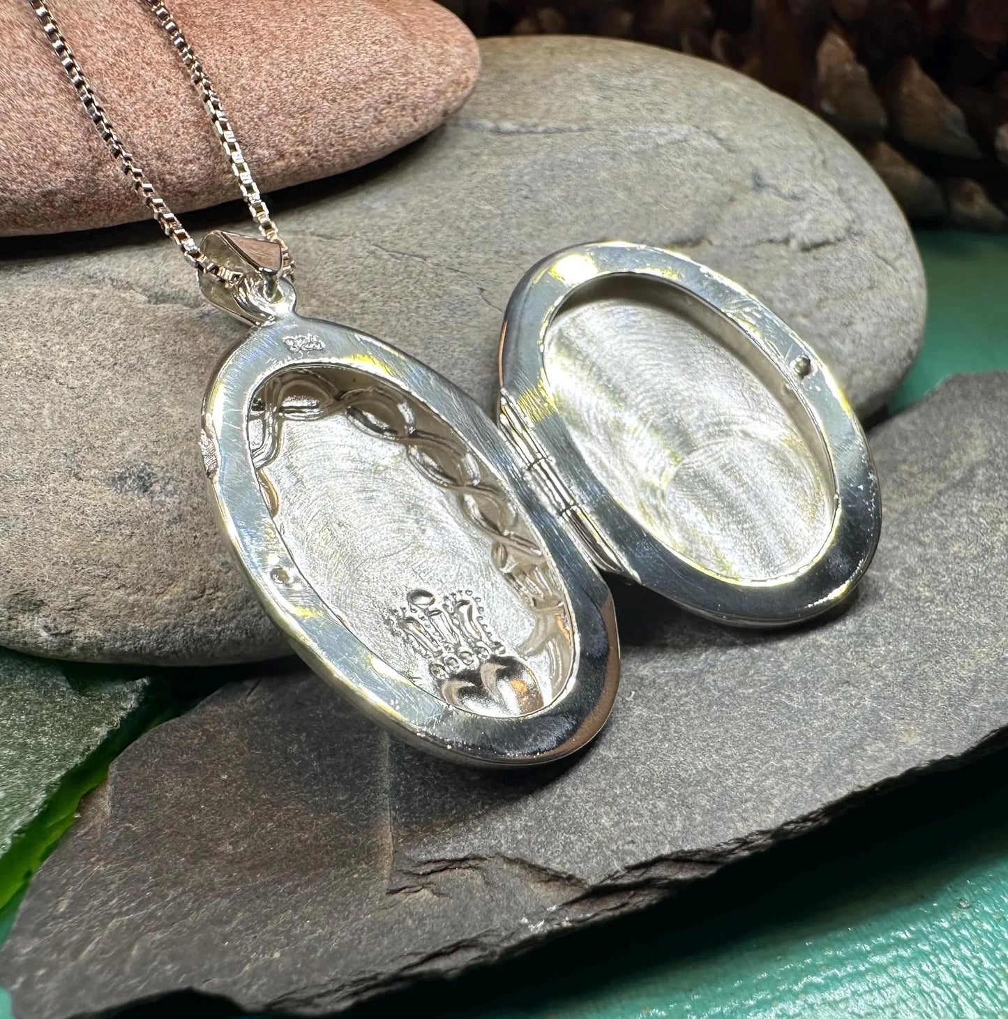 Oval Claddagh Locket Necklace in Sterling Silver — view 8