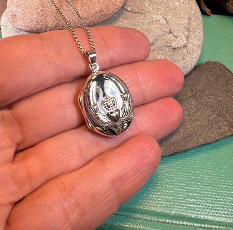Load image into Gallery viewer, Irish Claddagh Locket Necklace in Sterling Silver
