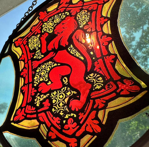 Load image into Gallery viewer, Scottish Lion Wall Decor, Celtic Thistle Gift, Scotland Stained Glass, New Home Gift, Wedding Gift, Anniversary Gift, St. Giles Suncatcher
