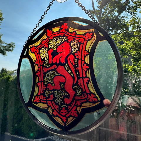 Load image into Gallery viewer, Scottish Lion Wall Decor, Celtic Thistle Gift, Scotland Stained Glass, New Home Gift, Wedding Gift, Anniversary Gift, St. Giles Suncatcher
