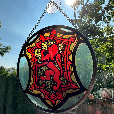 Load image into Gallery viewer, Scottish Lion Wall Decor, Celtic Thistle Gift, Scotland Stained Glass, New Home Gift, Wedding Gift, Anniversary Gift, St. Giles Suncatcher
