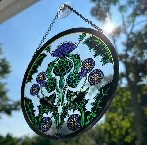 Load image into Gallery viewer, Scottish Thistle Decor, Celtic Thistle Gift, Scotland Stained Glass, New Home Gift, Celtic Wedding Gift, Anniversary Gift, Sterling Castle
