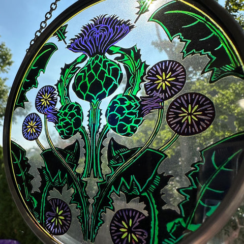 Load image into Gallery viewer, Scottish Thistle Decor, Celtic Thistle Gift, Scotland Stained Glass, New Home Gift, Celtic Wedding Gift, Anniversary Gift, Sterling Castle
