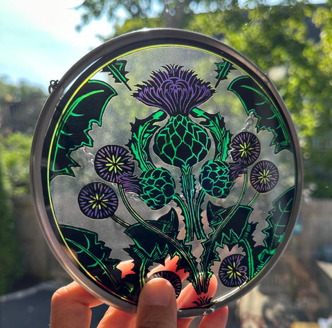 Load image into Gallery viewer, Scottish Thistle Decor, Celtic Thistle Gift, Scotland Stained Glass, New Home Gift, Celtic Wedding Gift, Anniversary Gift, Sterling Castle
