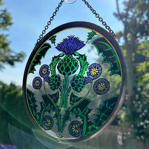 Load image into Gallery viewer, Scottish Thistle Decor, Celtic Thistle Gift, Scotland Stained Glass, New Home Gift, Celtic Wedding Gift, Anniversary Gift, Sterling Castle
