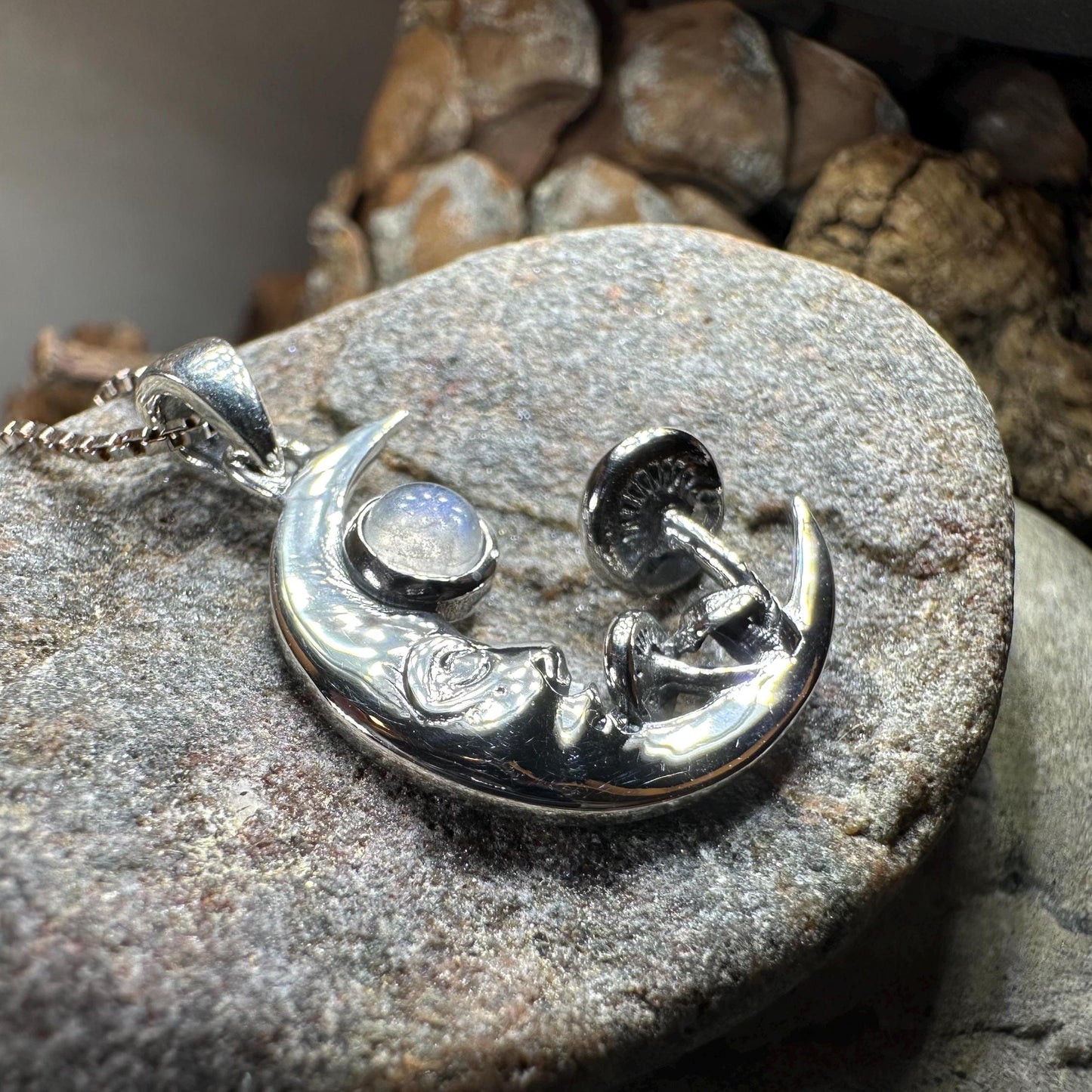 Moon Necklace, Mushroom Necklace, Celestial Pendant, Mystical Jewelry, Pagan Jewelry, Gothic Pendant, Forest Pendant, Halloween Gift