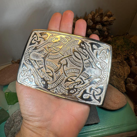 Load image into Gallery viewer, Celtic Viking Kilt Belt Buckle, Scottish Belt Buckle, Pewter Buckle, Large Belt Buckle, Men's Celtic Gift, Irish Gift, Celtic Knot Buckle
