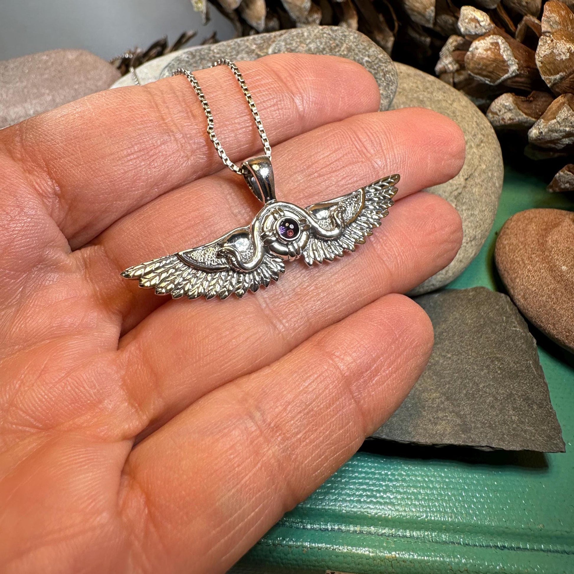Winged Sun Necklace, Egyptian Pendant, Mystical Amulet, Egyptian Symbol, Pagan Jewelry, Goddess Jewelry, Recovery Gift, Silver Isis Pendant
