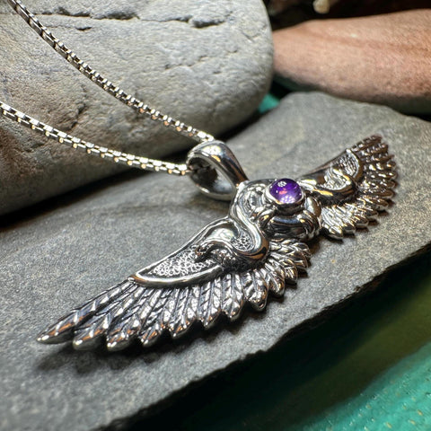 Load image into Gallery viewer, Winged Sun Necklace, Egyptian Pendant, Mystical Amulet, Egyptian Symbol, Pagan Jewelry, Goddess Jewelry, Recovery Gift, Silver Isis Pendant
